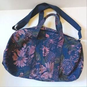 Maurice’s Duffel Bag Navy Blue Tote with Pink Flowers Adjustable Strap